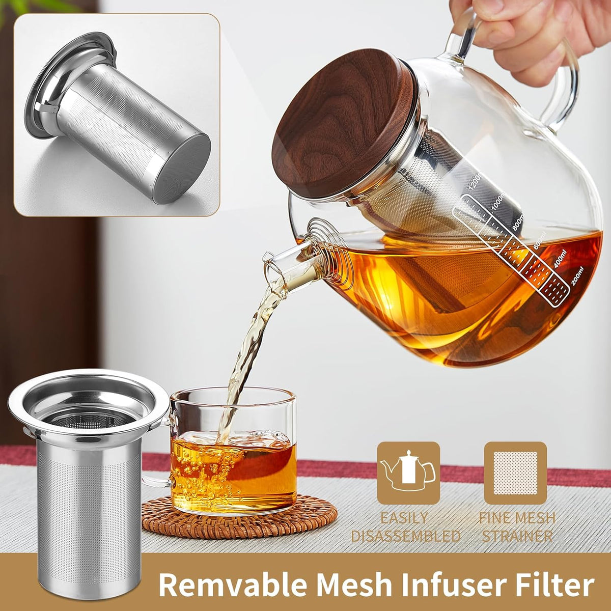 Glass Teapot With Stainless Steel Infuser 1200ml, Glass Tea Pot, Loose Leaf Tea Kettle, Glass Kettle Stovetop, Teapot With Strainer, Tea Infuser Pot Glass Teacup Tea Cups For Blooming Tea