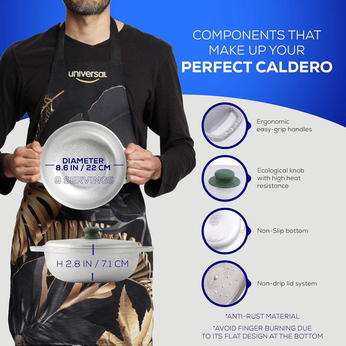 Universal (Small Size) Caldero 9 Cups - 3.4 QT / 3.2 L, Stainless Aluminum Pot, Even Heat Distribution and Fast Cooking Dutch Oven Pot, Ergonomic Handles, Ideal for Rice, French Fries, and More
