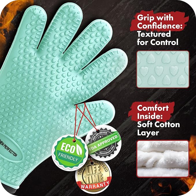 KITCHEN PERFECTION S Silicone Smoker Oven Gloves -Extreme Heat Resistant BBQ Gloves -Handle Hot Food Right on Your Grill Fryer Pit|Waterproof Oven Mitts |Superior Value Set+3 Bonuses