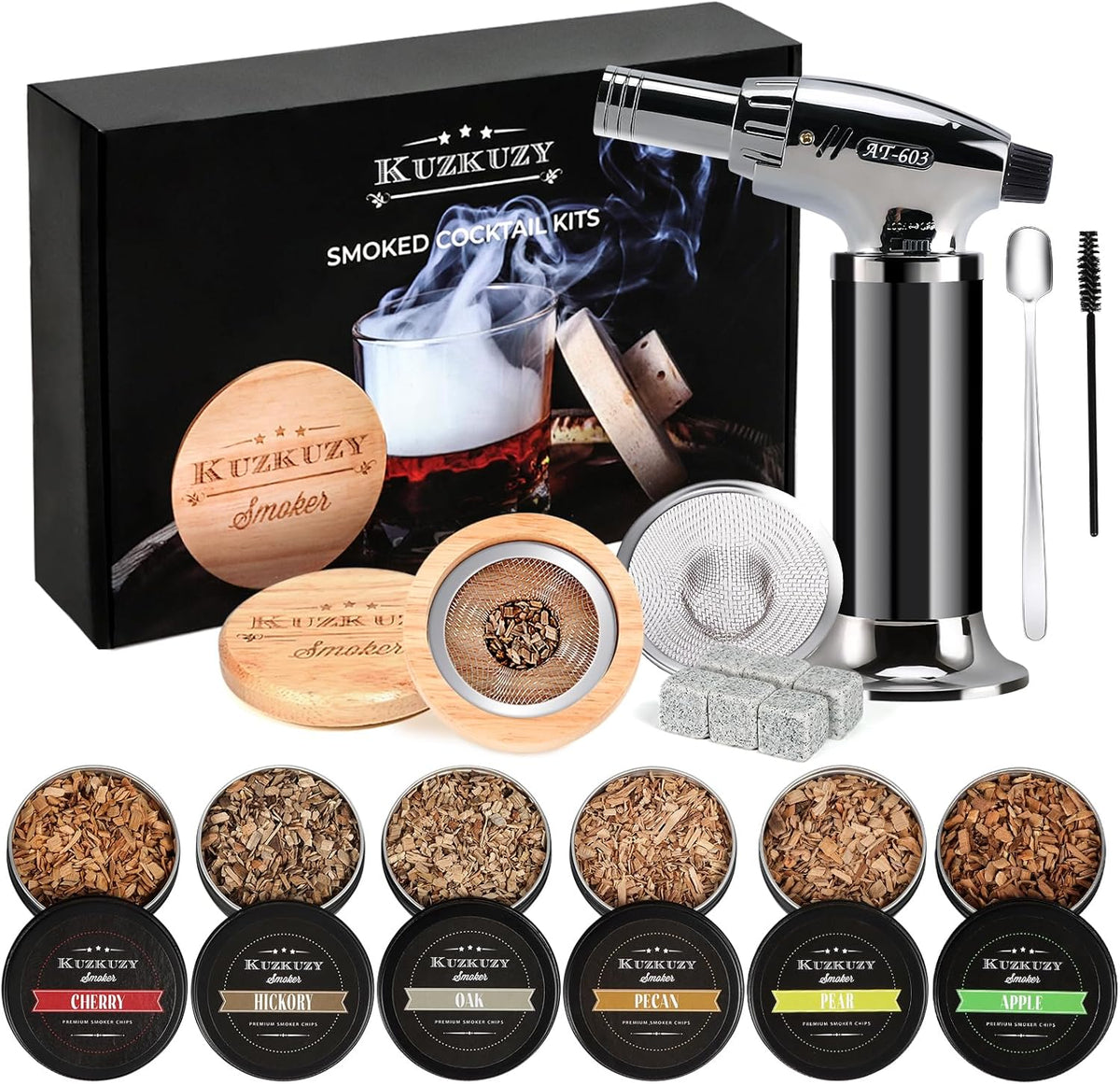 Cocktail Smoker Kit with Torch – 6 Flavors Wood Chips – Bourbon, Whiskey Smoker Infuser Kit, Old Fashioned Drink Smoker Kit, Birthday Bourbon Whiskey Gifts for Men, Dad, Husband (Without Butane)