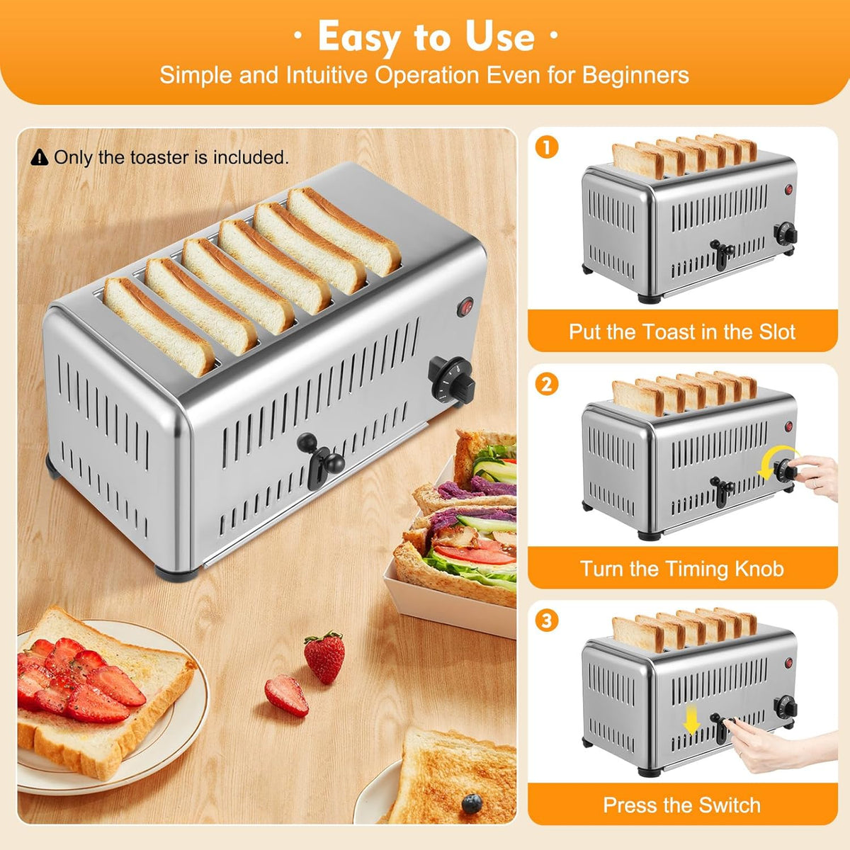 6 Slice Toaster with Wide Slots Commercial Toasters for Restaurant Bread Baking Machine 1680W Stainless Steel Toaster Countertop for Toast, Sandwiches, Meatloaf