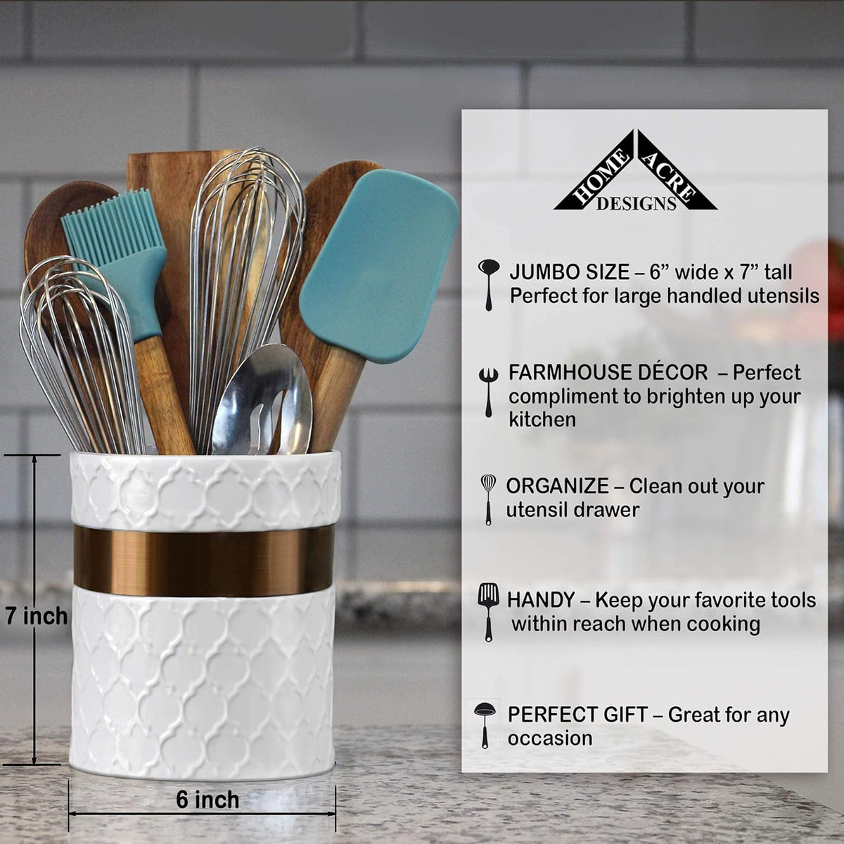 Home Acre Designs Kitchen Utensil Holder - Large Ceramic Farmhouse Countertop Crock, White/Copper