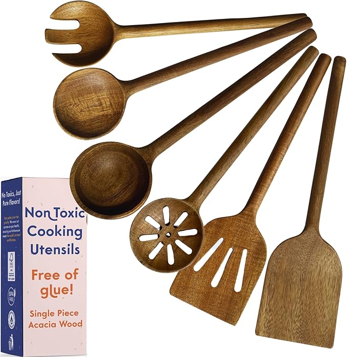Non-Toxic Cooking Utensils – 6-Piece Kitchen Utensils Set, Glue-Free & One-Piece Wooden Spoons for Cooking, Natural Wooden Utensil Set with Plant-Based Finish, Free of Forever Chemicals