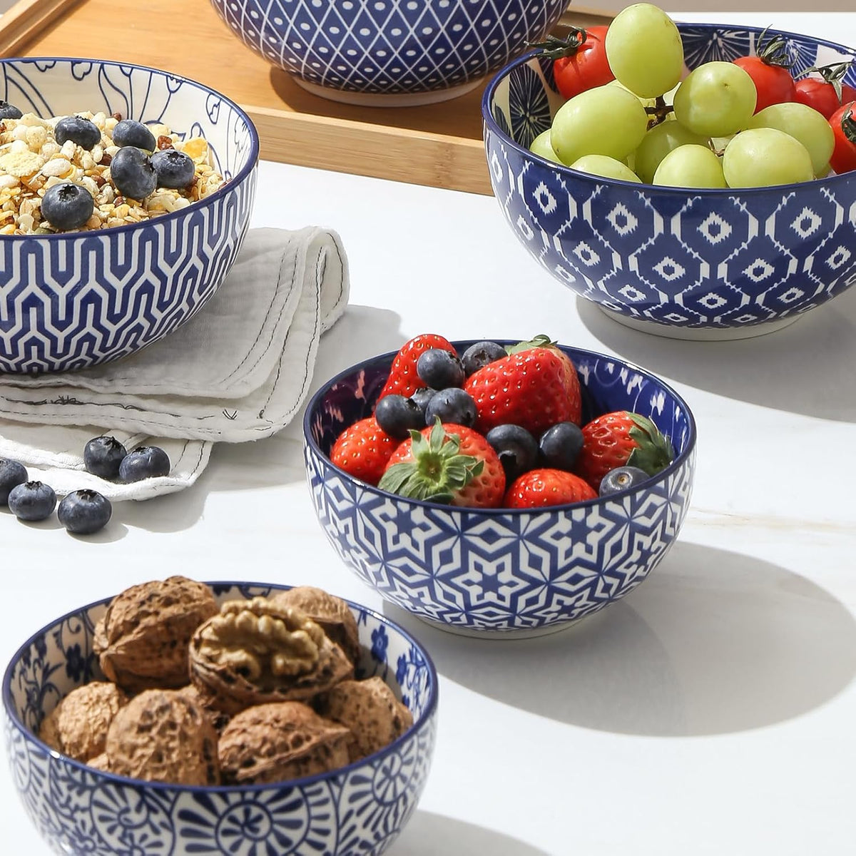 Selamica Ceramic 12 OZ Dessert Bowls Set, Ice Cream Bowls, 4.7 Inch Small Bowls for Snack, Side Dishes, Rice, Microwave Dishwasher Safe, Set of 6, Vintage Blue