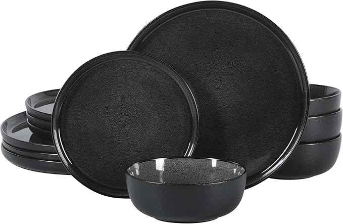 Gibson Elite Tahoe Sunset 12 Piece Stoneware Reactive Glaze (Service for 4) Ceramic Plates and Bowls Dinnerware Set - Black