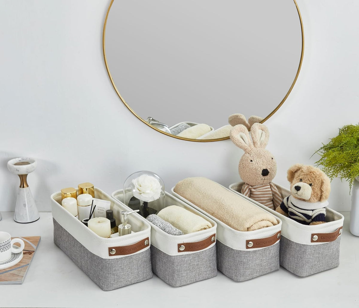 DECOMOMO Narrow Storage Bins Small Baskets for Organizing Bathroom, Toilet Tank, Towel Storage, Entryway, Gifts (Grey and White - Set of 4)