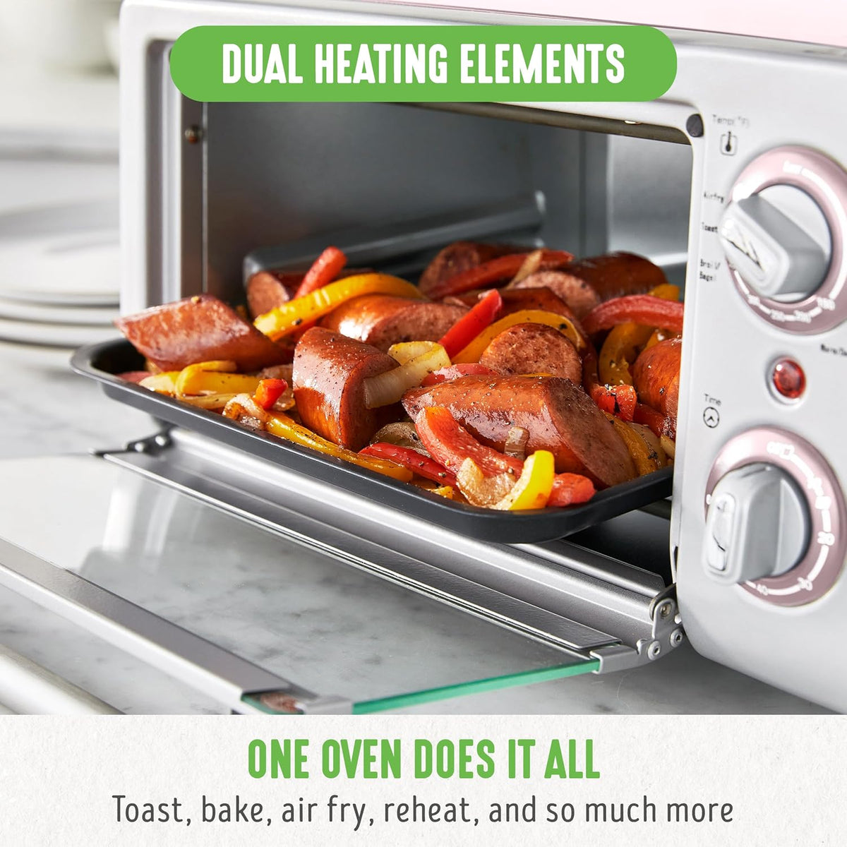 GreenLife Countertop Toaster Oven Air Fryer Stainless Steel, Healthy Ceramic Nonstick, PFAS and PFOA-Free, Tray & Basket, Bake, Broil, Reheat, Adjustable Temp & Time Control, Auto Shutoff, Pink