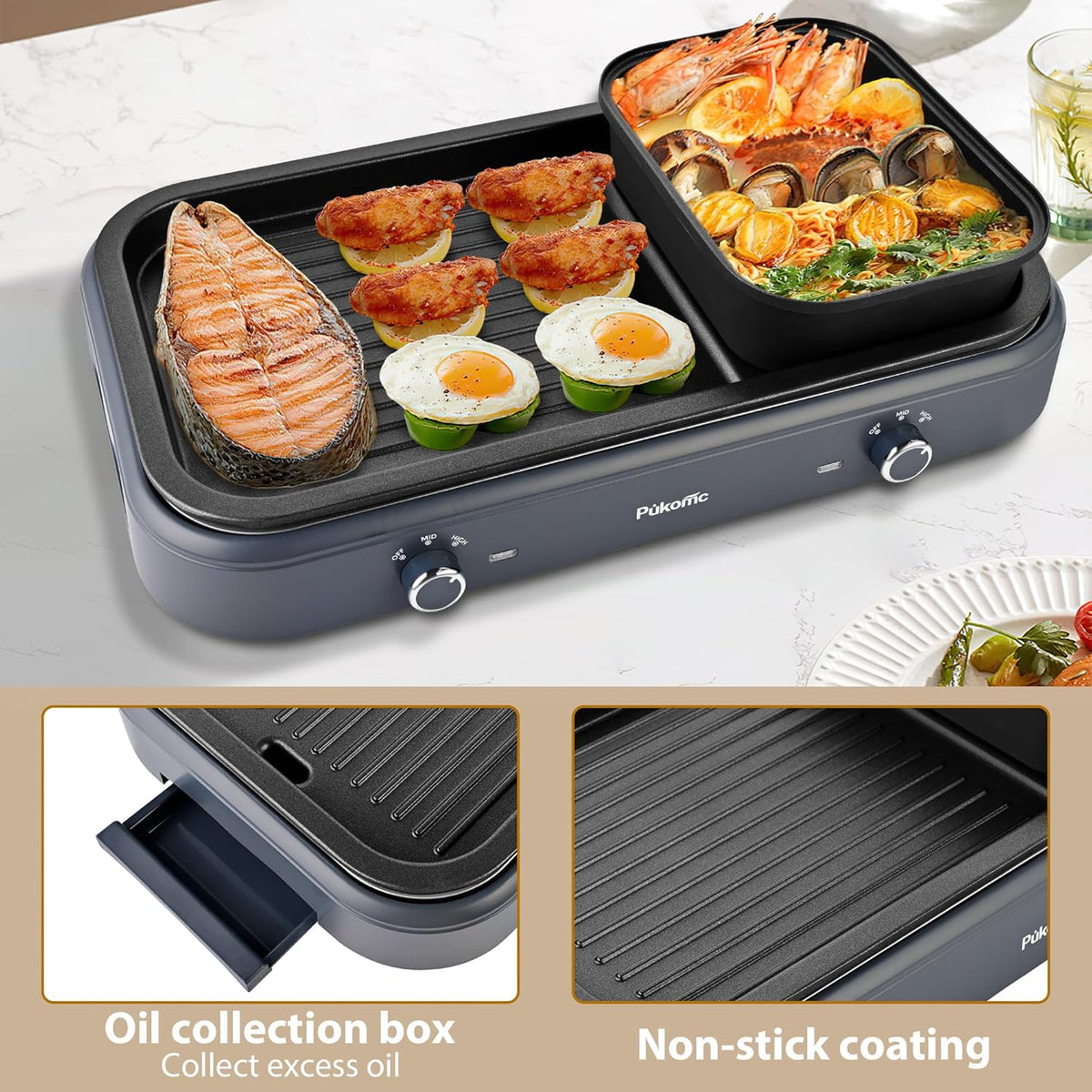 Pukomc Electric Hot Pot with Grill，2 in 1 Korean BBQ Grill Shabu Shabu Hot Po， 1500W / Temperature Control, Quick Heating Detachable Hot Pot and Baking Tray，gray