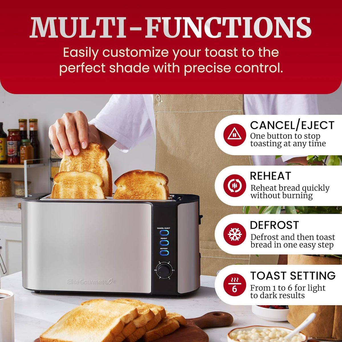 Elite Gourmet ECT-3100 Long Slot 4 Slice Toaster, Reheat, 6 Toast Settings, Defrost, Cancel Functions, Built-in Warming Rack, Extra Wide Slots for Bagels & Waffles, Stainless Steel & Black