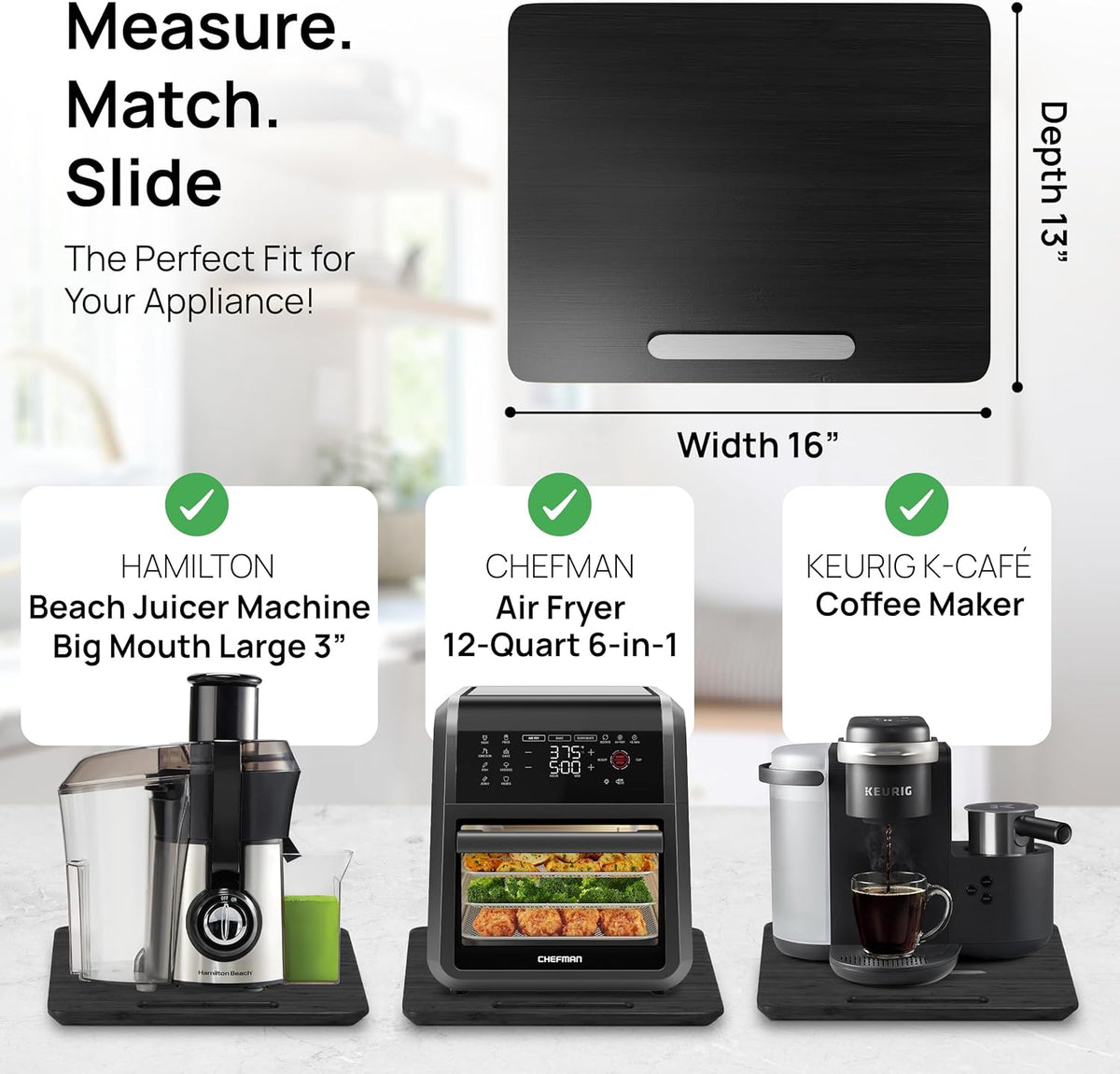 Ibyx Elegant Sliding Tray for Your Coffee Maker & Heavy Kitchen Appliances - Sturdy, Slides Easily from Under The Cabinet (Black, 16" W x 13" D)