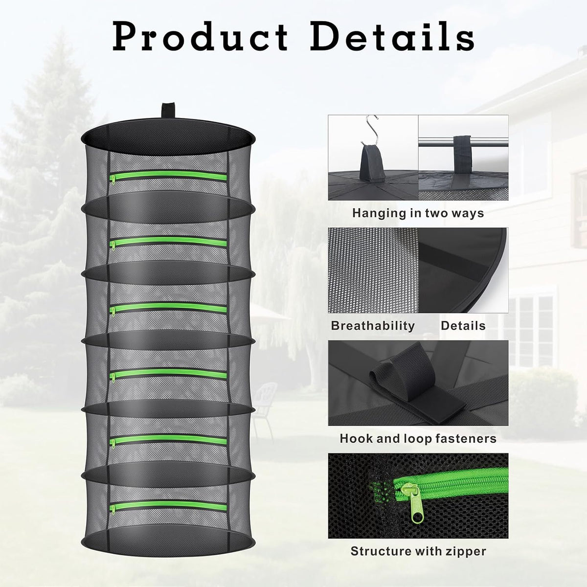 Herb Drying Rack with Mesh Design - Hanging Herb Dryer with Green Zipper for Garden, Home, Indoor or Outdoor Use (8layer)