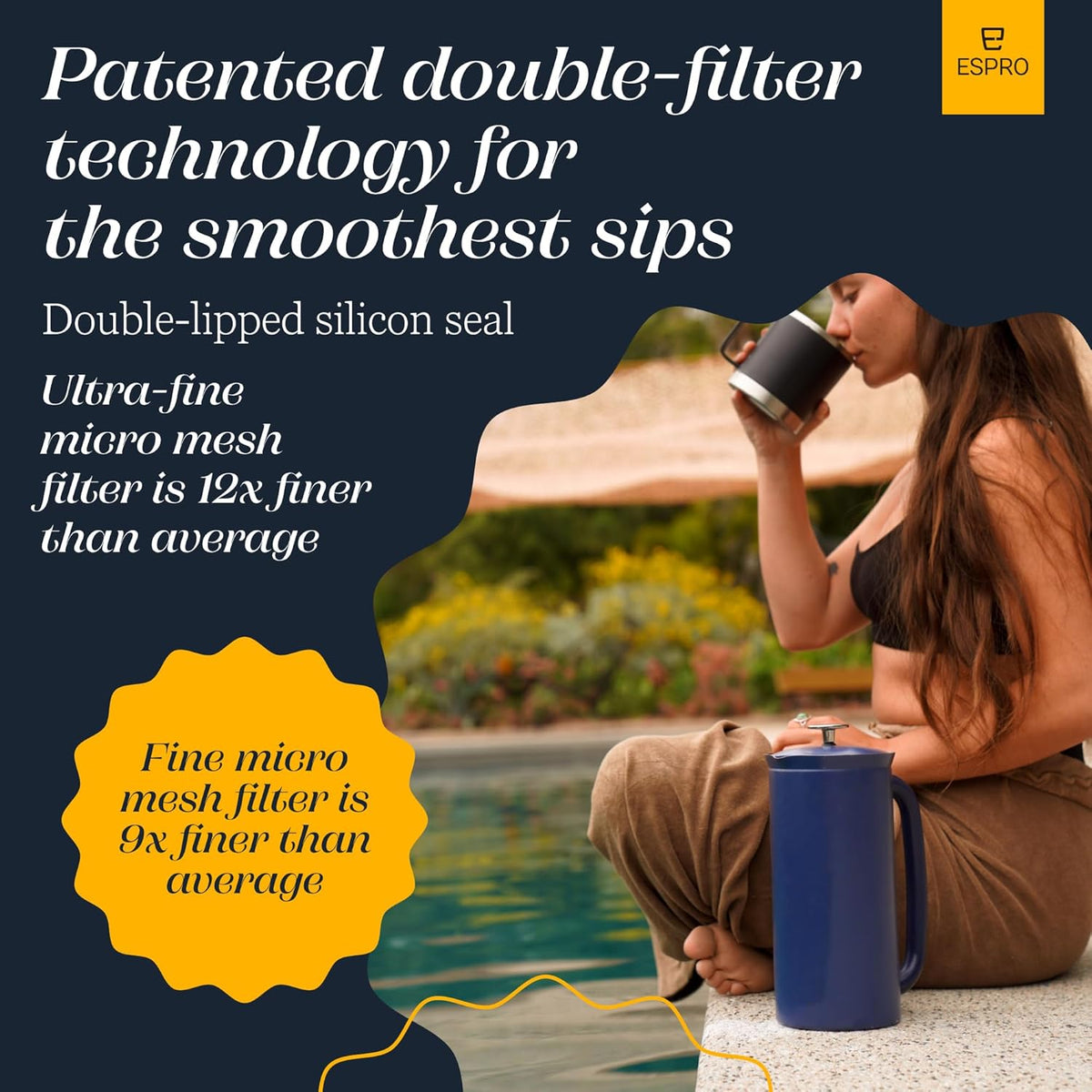 ESPRO P7 French Press Coffee Maker - Double-Walled Stainless Steel Insulated with Micro-Filter, 18 Ounces, Agean Blue