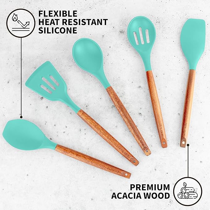 Zulay Kitchen Non-Stick Cooking Utensils Set with Authentic Acacia Wood Handles – 5-Piece Durable & Stylish Silicone Kitchen Utensils Set – Heat Resistant to 464°F – Mint