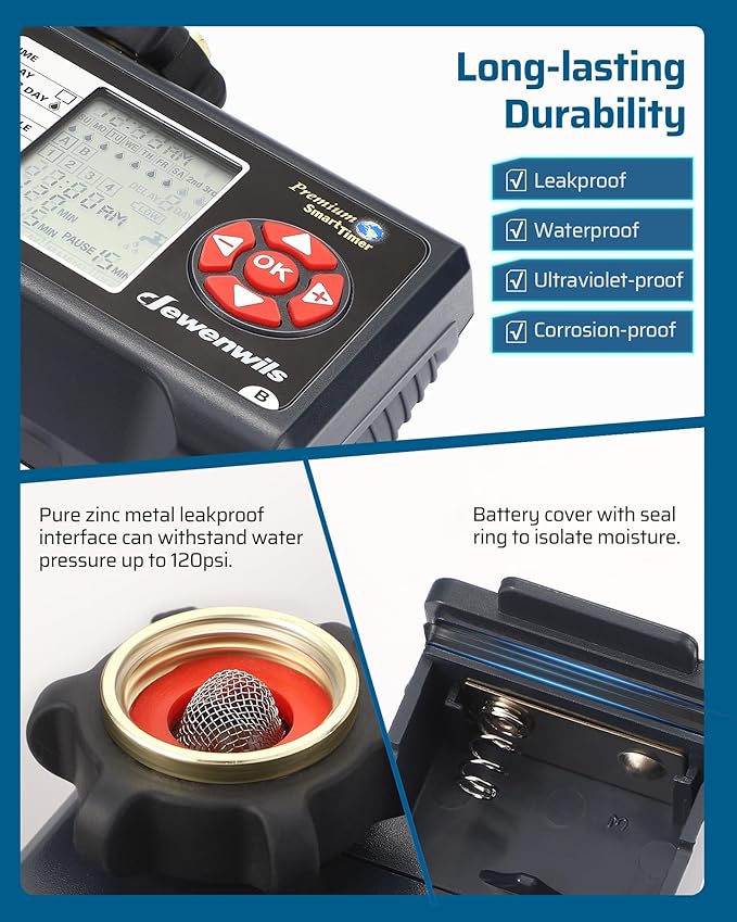 DEWENWILS Sprinkler Timer 2 Zone, Water Timer for Garden Hose, Programmable Hose Timer Faucet Watering with Automatic/Rain Delay/Manual Mode, Outdoor Irrigation Controller for Lawn, Yard