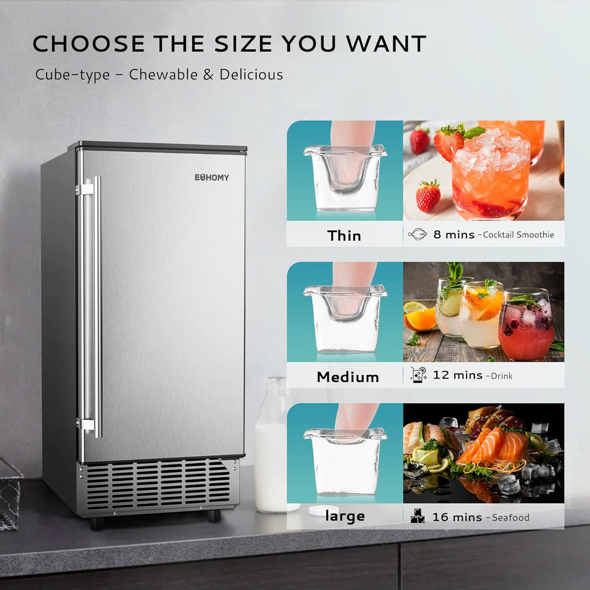 EUHOMY 15" W Commercial Under Counter Ice Maker Machine, 90 Lb/Day Auto-Cleaning & 24H Timer, Gravity Drainage,Stainless Steel Built-in Freestanding Ice Maker, 24 Lb Bin, Ideal for Commercial & Home
