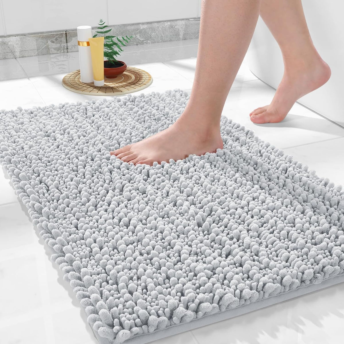 Yimobra Large Bathroom Rugs Non Slip Washable 36x24 Inch - Ultra Soft Absorbent Chenille Bath Mat, Quick Dry Shaggy Floor Carpet for Tub Shower, Silver Home Decor Accessories