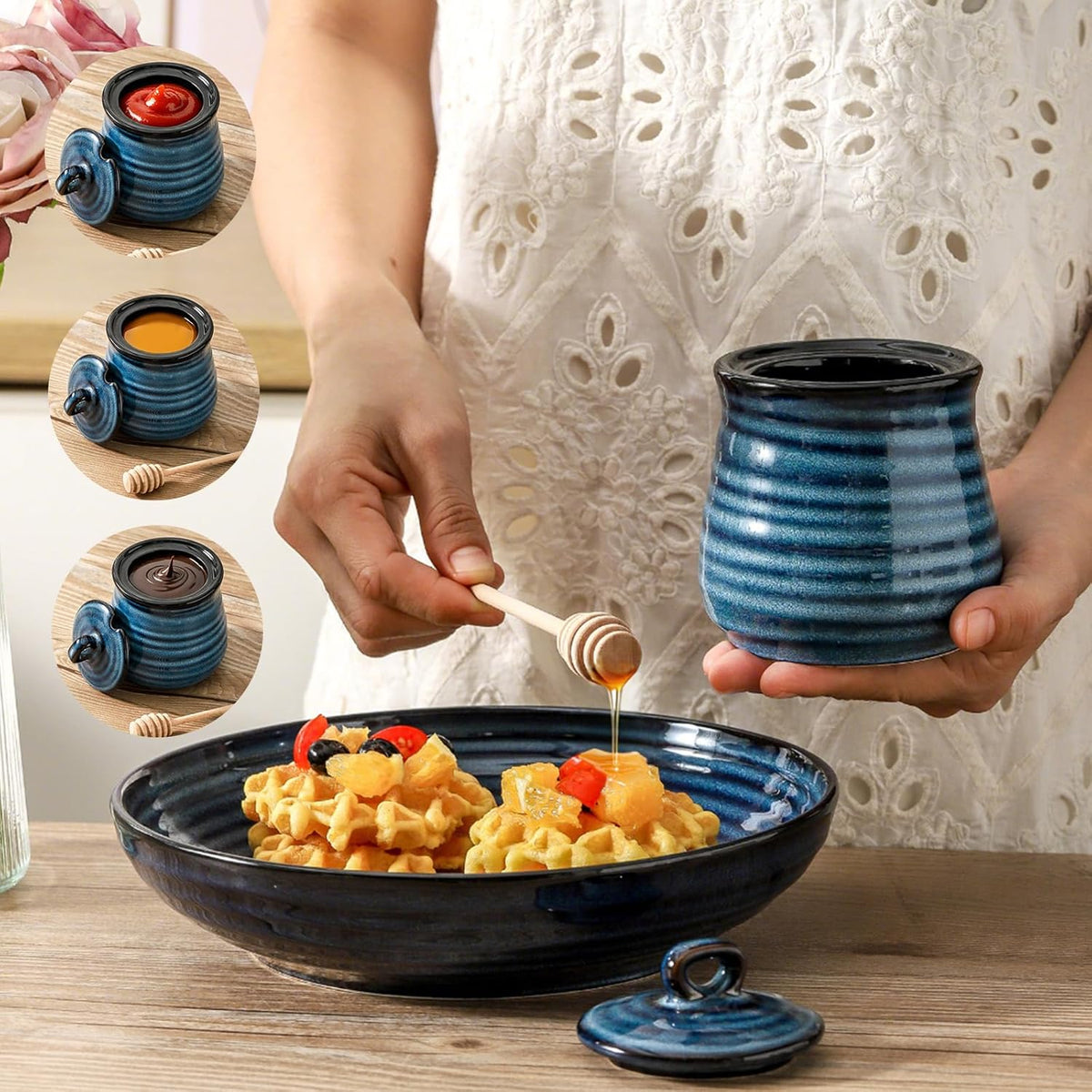 Ceramic 12 Ounce Honey Jar and Dipper Set,Porcelain Honey Pot with Lid and Wooden Dipper,Cute Honey Containers for Party,Holiday,Halloween Favors,Farmhouse Kitchen Decor,Dishwasher Safe,Blue
