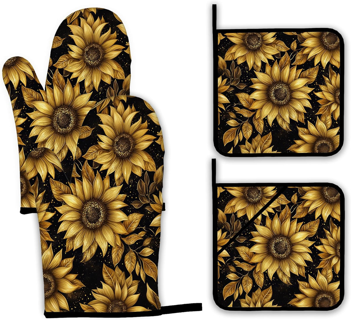 Vintage Sunflower Oven Mitts and Pot Holders,Sparkling Heat Resistant Oven Mitts Gloves and Pot Holder for Home Kitchen Decorations Cooking Baking BBQ Gifts,Set of 4