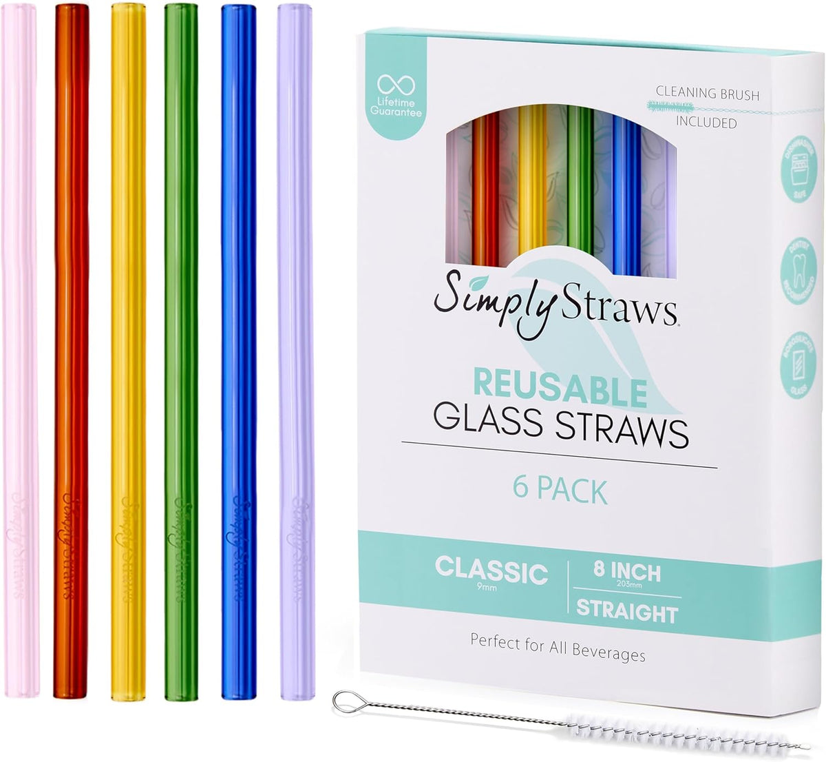 Simply Straws 8 Inch Glass Straws Straight (6-Pack) – Reusable Glass Straws for Pints & Juice Drinkware, with Cleaning Brush – Dishwasher Safe, Hot & Cold Use, BPA-Free (Iridium)