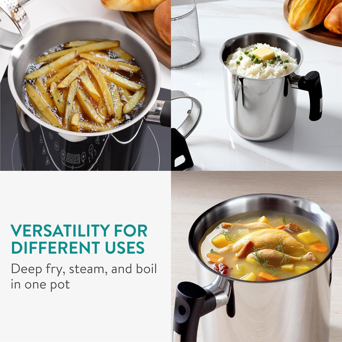 Navaris Stainless Steel Multifunctional Spaghetti Cooker & Steam Pot - 3.4L Capacity - Includes Lid & Basket - Silver
