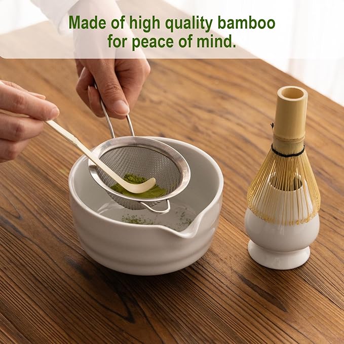 Matcha Whisk Set,Ceramic Matcha Set,with Ceramic Bowl,Bamboo Whisk&Holder,Scoop,Authentic Japanese Matcha,for Matcha Lovers,Gift for Family/Friend(Porcelain white)