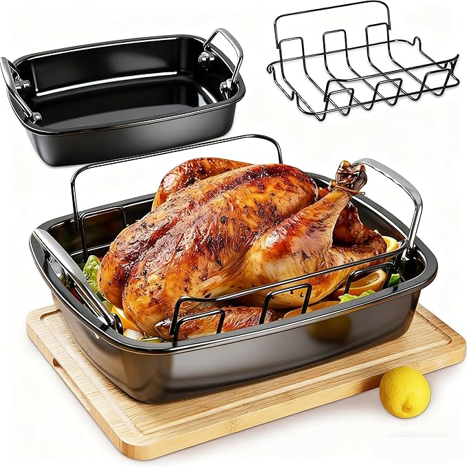 Large Nonstick Roasting Pan with Rack (17x13 Inch) -Turkey Roasting Pan with Wider Handles, Heavy Duty Construction Roaster - Easy Clean for Oven