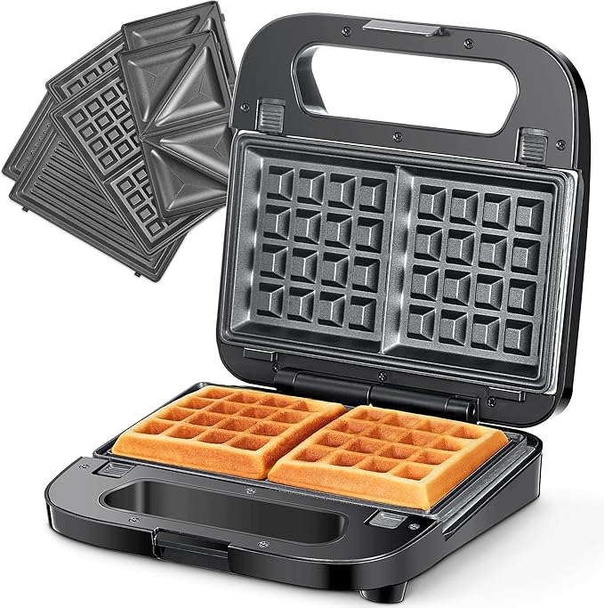 Reemix 3-in-1 Waffle, Grill & Sandwich Maker, Panini Press Grill and Waffle Iron Set with Removable Non-Stick Plates, Perfect for Grilled Cheese, Tuna Melts, Burgers, Steaks (Black, Stainless steel)