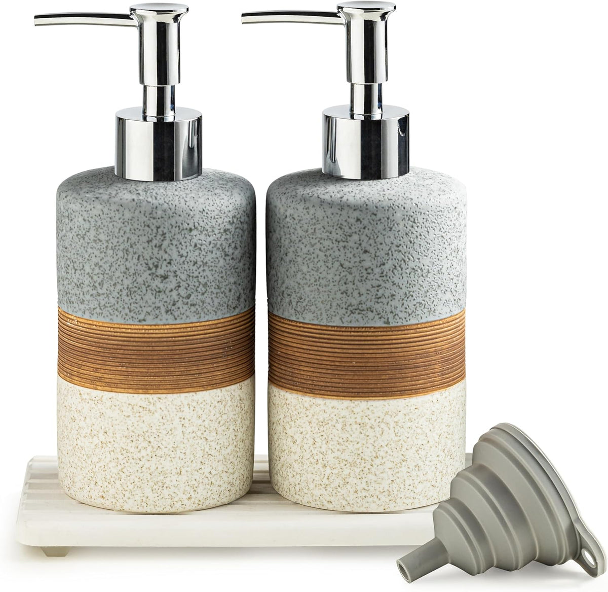 Ceramic Soap Dispenser Set(2 Pack) – Hand Soap, Dish Soap, Shampoo & Shower Soap Dispenser for Bathroom & Kitchen, Stainless Steel Pump, Includes Silicone Funnel & Diatomaceous Tray, Gray