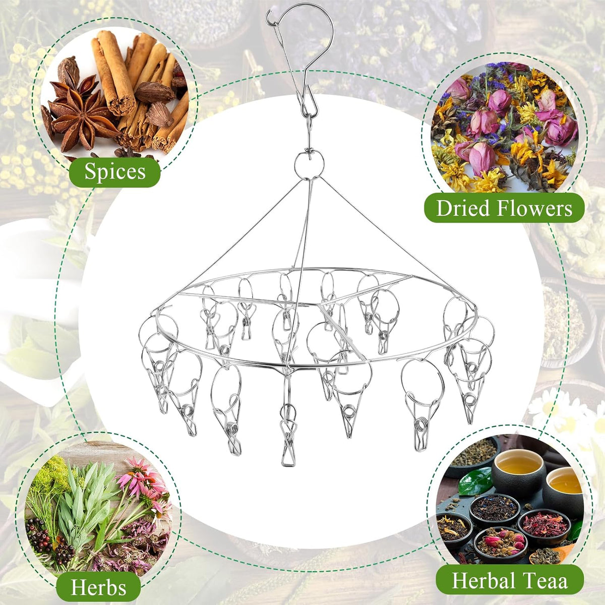 4Pcs Hanging Herb Drying Rack for Herb, Stainless Steel Herb Drying Rack with 20 Hooks, Flower Drying Rack for Herbs, Space Saving Herb Dryer for Fresh and Aromatic Herbs(Round), RHB-001