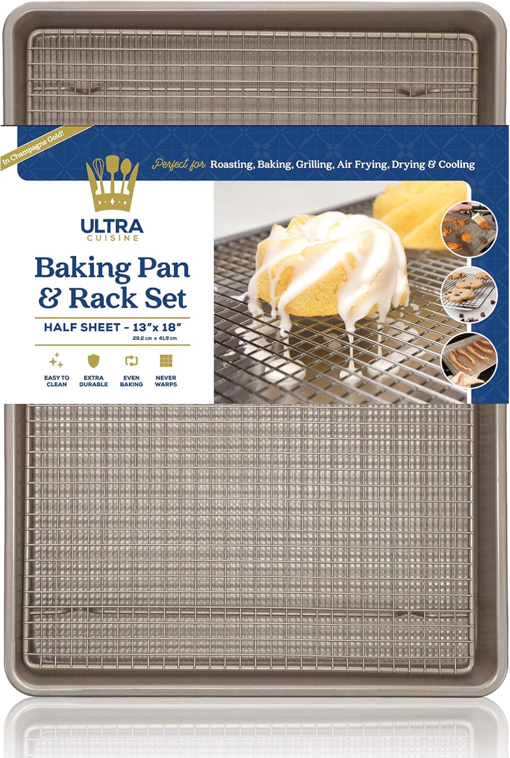 Ultra Cuisine Wire Rack Baking Sheet Pan Set - Half Sheet Pan Set with 100% Stainless Wire Rack - Dishwasher Safe - Steel Reinforced Rim - Aluminum Cooling racks for Cooking and Baking - Champagne