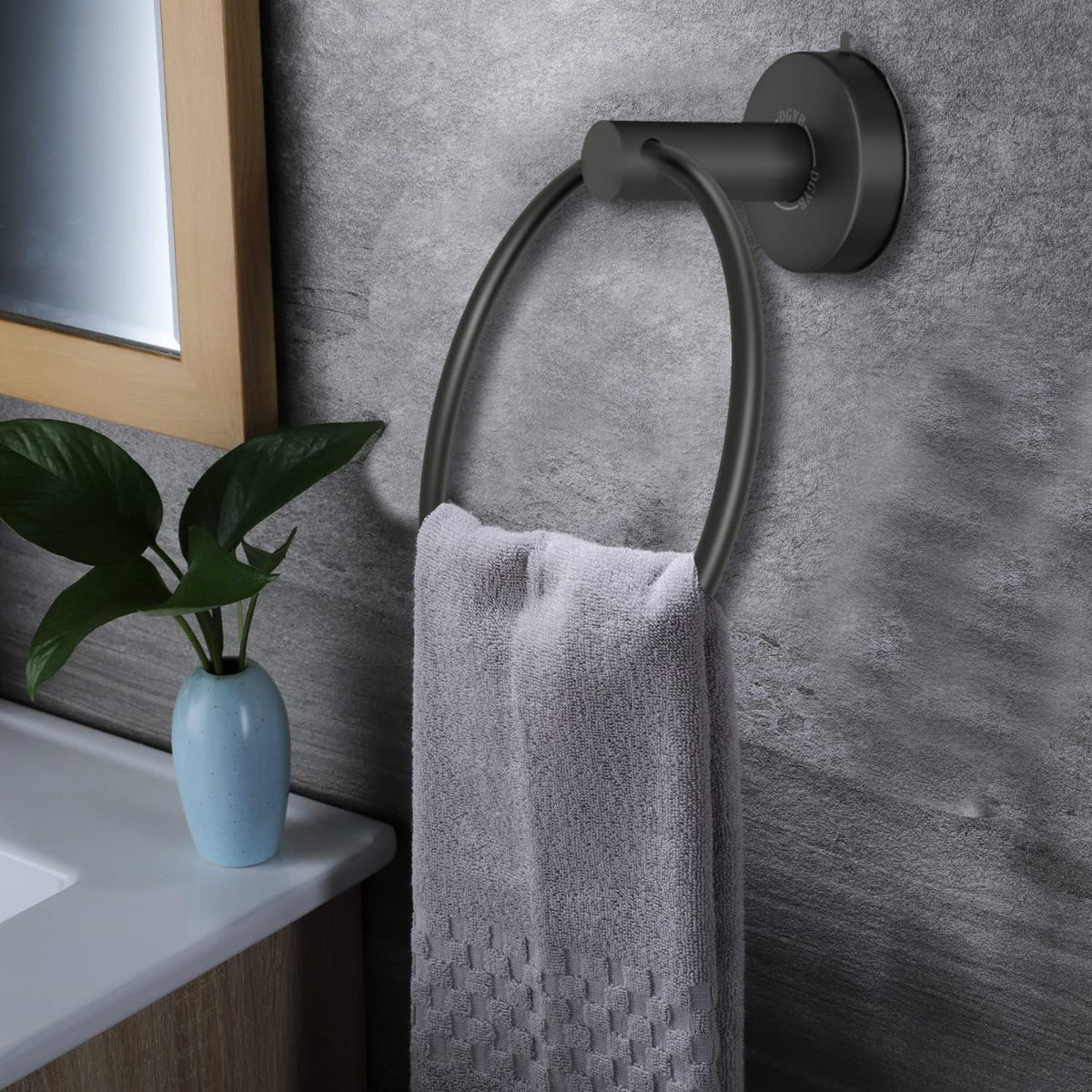 DGYB Suction Cup Towel Ring Matte Black Hand Towel Holder for Bathroom Wall SUS 304 Stainless Steel Kitchen Towel Hanger