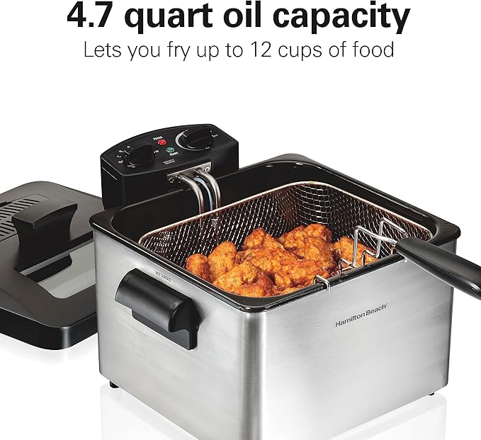 Hamilton Beach Electric Deep Fryer with 3 Baskets and Lid, 4.5 Liters / 19 Cups Oil Capacity, Temperature Control, View Window, Professional Style, 1800 Watts, Stainless Steel (35034)