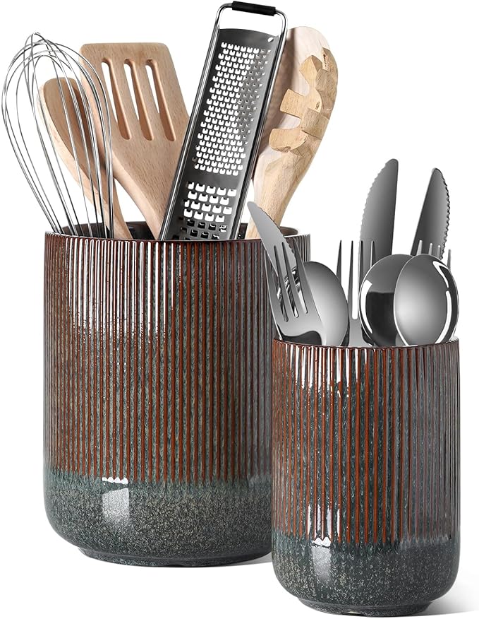 LE TAUCI Utensil Holder for Kitchen Counter, 7.3"+5.4" Fluted Ceramic Utensil Crock Organizer for Countertop, Heavy Large Holder for Spatulas, Spoons, Set of 2, Olive Brown Marble