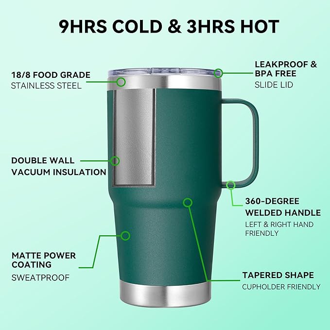 20 oz Stainless Steel Tumbler with Handle Bulk Metal Insulated Tumblers Travel Coffee Mug with Handle Double Wall Tumbler Cup with Lid and Straw, Dark Green 6 Pack