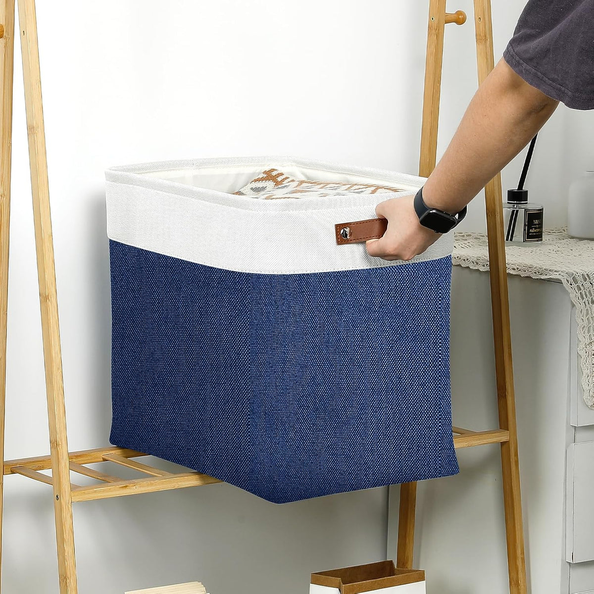 DULLEMELO Extra Large Storage Baskets, Fabric Storage Bins for Organizing Shelves Nursery Toys Books, Closet Baskets and Bins with Handles, White&Blue, 2-Pack