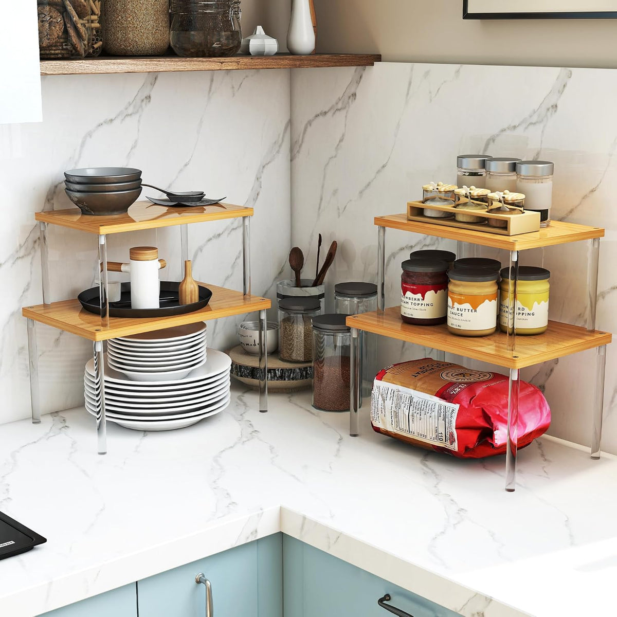 Jolitac Cabinet Organizer Shelf - Set of 2 Clear Acrylic Spice Rack, Stackable Pantry Storage Shelves for Kitchen Counter, Bathroom, Desk - Multi-Purpose Bamboo Space Saving Shelves, Easy Assembly