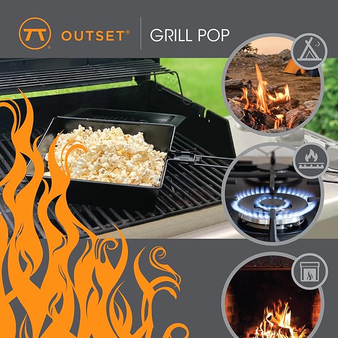 Outset Non-Stick Popcorn Tray With Removable Handle For Grill, Stove and Campfire