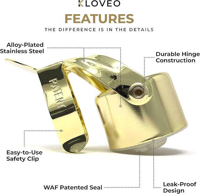 Champagne Stoppers by Kloveo - Patented Seal - Made in Italy - Professional Grade WAF Champagne Bottle Stopper - Prosecco, Cava, and Sparkling Wine Stopper - Gold