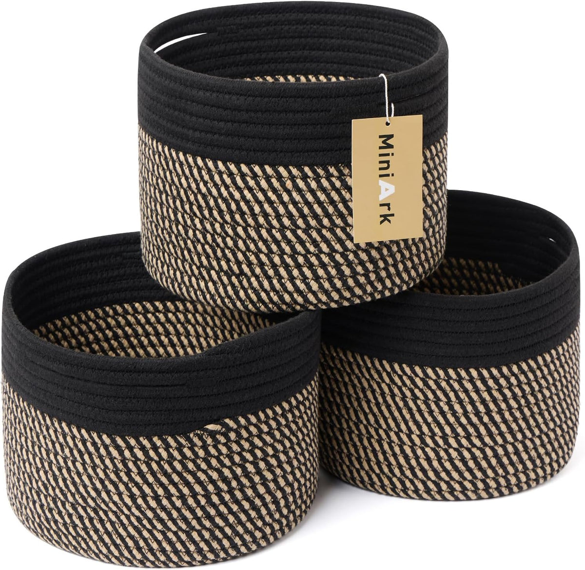 Small Basket for Organizing | Cube Shelf Closet Storage Baskets | 9.7×9.7×7.1” | Woven Rope Gift Basket | Nursery | Round 3 Packs Black Brown