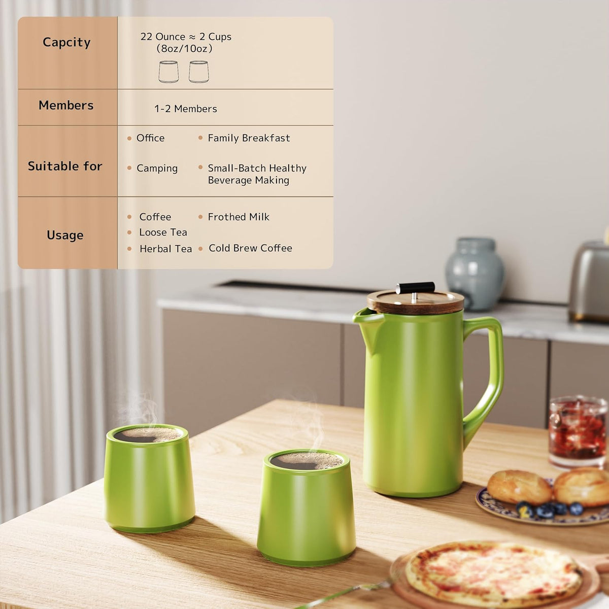 DHPO Ceramic French Press Coffee Maker, 22 Ounce Coffee Press Manual Brewer with Walnut Wood Lid, Premium Food Grade Stainless Steel Filter with Dual Screen for Coffee and Loose Tea, Gift Box, Green