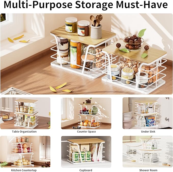 2 Pack Kitchen Organization for Onions,Potatoes - Fruit Basket for Kitchen Counter & Storage Basket,Stackable Storage Bins with Bamboo Top & Lightweight PP Mat,White