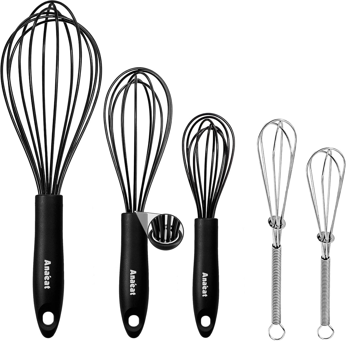 Anaeat Kitchen Whisk Set of 5, Perfect for Non-Stick Cookware, Egg Beater Milk Blender for Whisking, Cooking, Baking - 5"+7" Mini Wire Whisk and 8.5''+10.5''+12'' Silicone Balloon Whisks (Black)