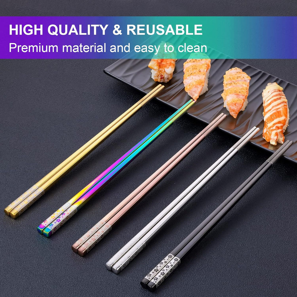 Metal Chopsticks Reusable 5 Pairs Multicolor Stainless Steel Chopsticks Dishwasher Safe Square Lightweight Non-Slip Chop Sticks Present Set