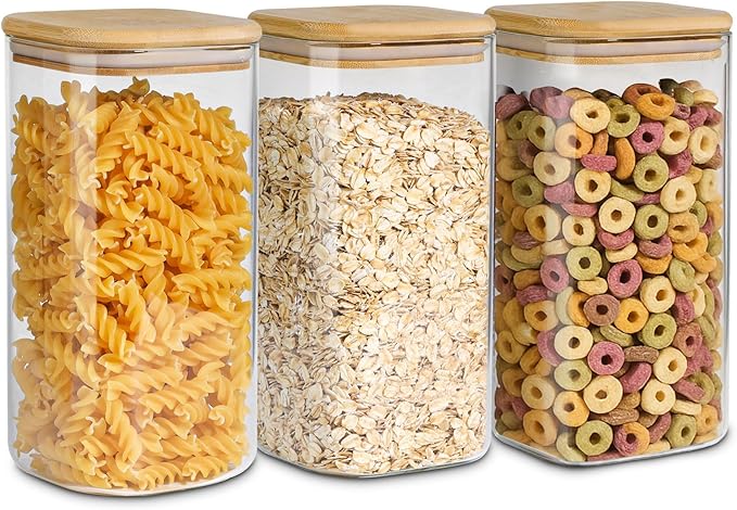 ComSaf Airtight Glass Storage Canister with Wood Lid (1.6 Qt), Clear Food Storage Container Jar with Sealing Lids for Oat Pasta Flour Cereal Rice Sugar Tea Coffee Beans, Set of 3 Square Cookie Jar