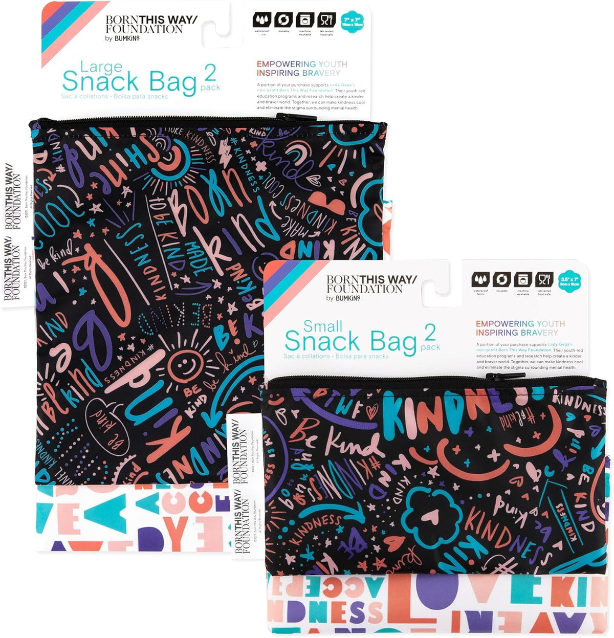 Bumkins - Cloth Snack & Sandwich Bags - For Storage, Travel, Food Prep, Lunch - Reusable, Water Resistant, Washable, Dishwasher Safe - Snack Bags for Kids - Zipper Closure - BTWF Kindness - 4 Pack