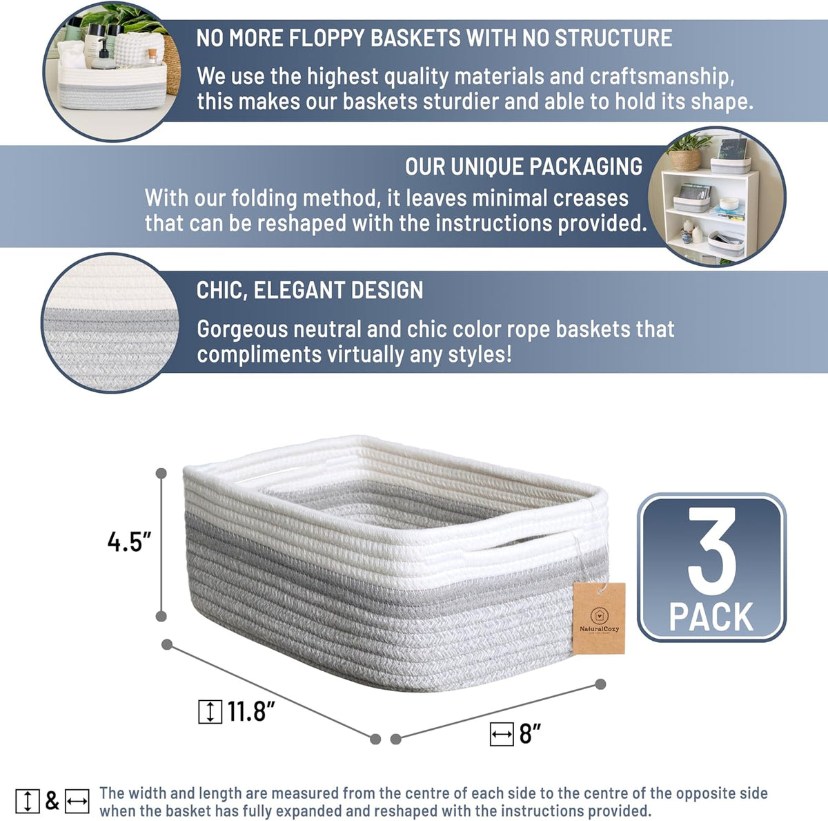NaturalCozy 11.8"x8"x4.5” Storage Baskets for Shelves 3 Pack | Cotton Rope Woven Small Baskets for Organizing | Small Storage Bins for Nursery, Bathroom, Closet, Cube Shelf, Decorative, Gift Basket