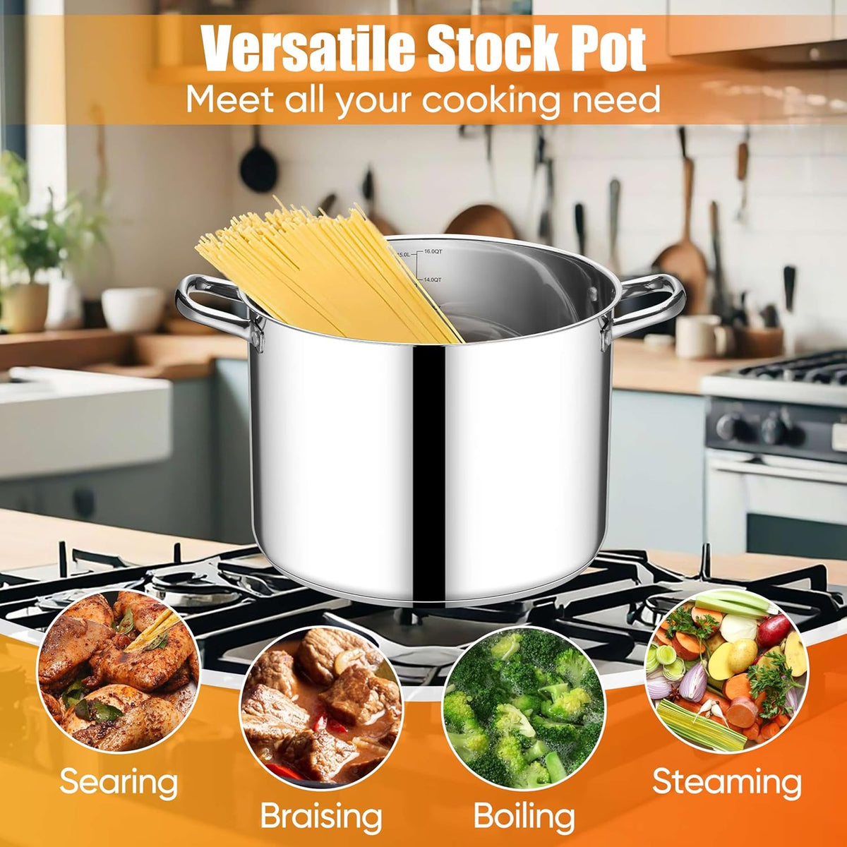 E-far 16 Quart Stainless Steel Stock Pot, Large Heavy Duty Induction Stockpot with Glass Lid for Cooking Soup Canning, Thick Tri-Ply Bottom & Riveted Handle, Compatible with All Stove, Dishwasher Safe