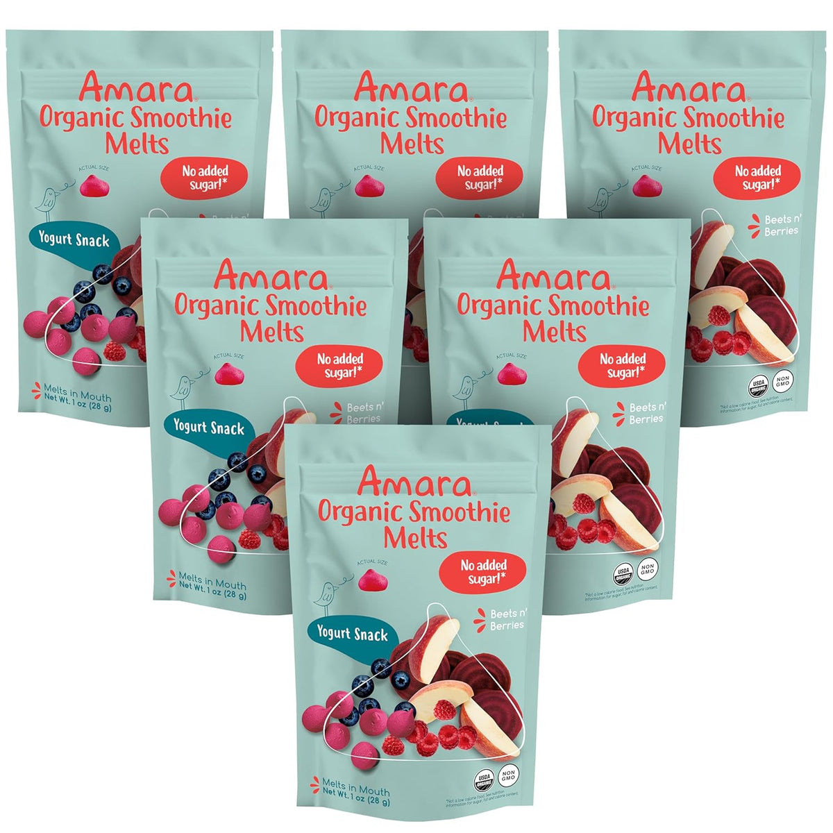Amara Smoothie Melts - Beets n' Berries - Baby Snacks Made With Fruits and Vegetables - Healthy Toddler Snacks For Your Kids Lunch Box - Organic Yogurt Melts - 6 Resealable Bags