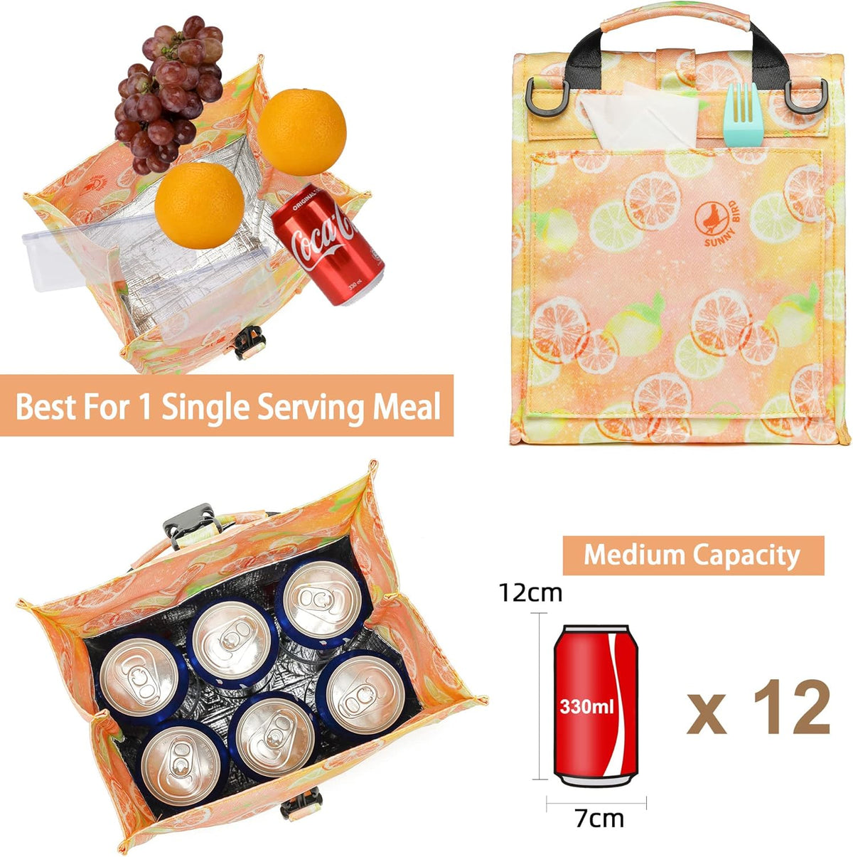SUNNY BIRD Insulated Lunch Bag Rolltop Lunch Box Tote Bag for Women, Men, Adults and Teens (Grapefruit Pink)