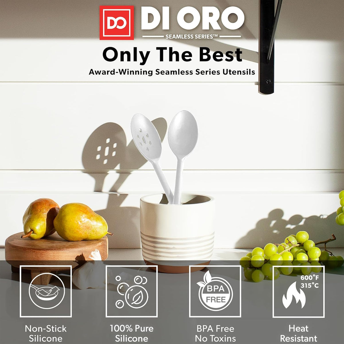 DI ORO Silicone Spoons for Cooking - Large Kitchen Utensils for Mixing, Serving, & Stirring - 600F Heat-Resistant Non Stick - Big Solid & Slotted Basting Spoons - Dishwasher Safe (2pc, Stone)